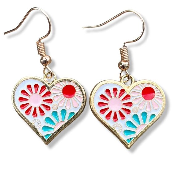 Flower Heart Enamel Drop Earrings - Picture 3 of 5
